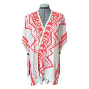 Wrap Boho Aztec Print Cardigan Size Medium Coral Pink and Mint Green